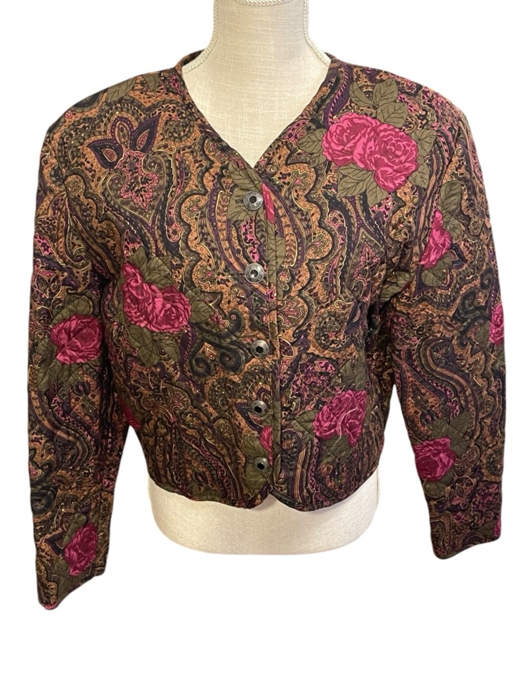 Vintage, Cropped & Quilted Floral Paisley Button-Front Jacket - Pink & Olive